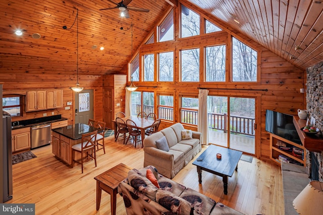 living room with light hardwood / wood-style floors, high vaulted ceiling, wooden ceiling, ceiling fan, and wooden walls