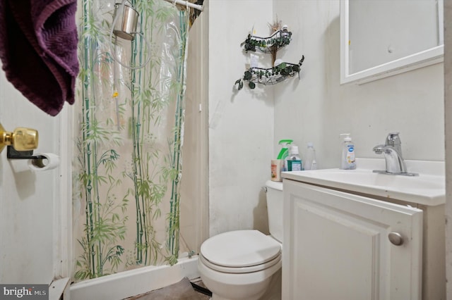 bathroom with toilet, vanity, and a shower with shower curtain