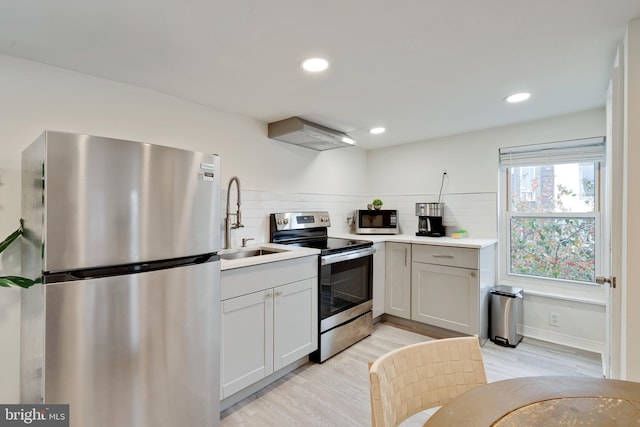 kitchen featuring sink, stainless steel appliances, wall chimney exhaust hood, tasteful backsplash, and light wood-type flooring