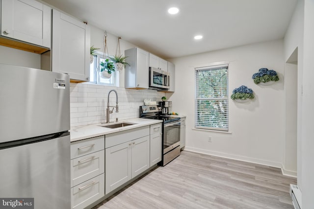 kitchen with backsplash, light hardwood / wood-style floors, sink, stainless steel appliances, and white cabinets