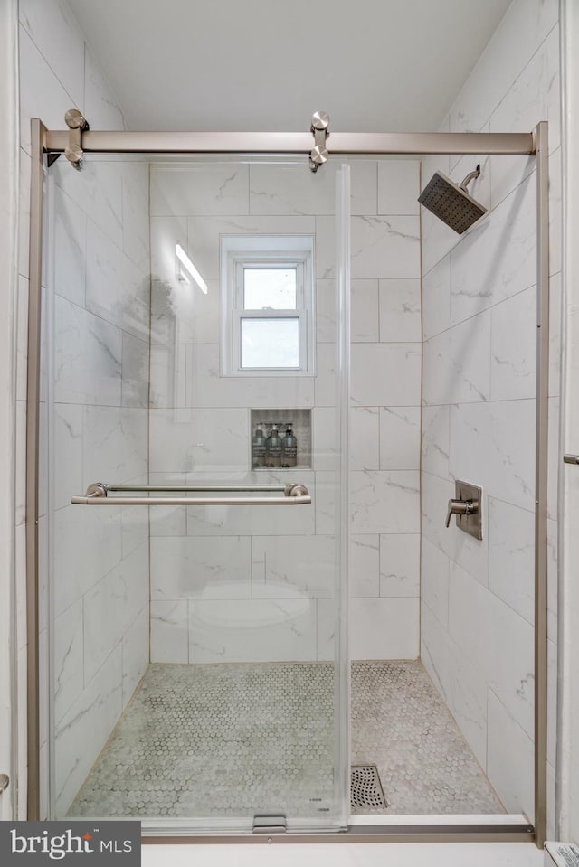 bathroom with a shower with shower door