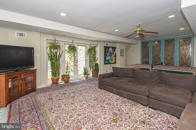 3111 Burnt House Hill Rd, Doylestown, PA 18902 - carpeted living room with ceiling fan and french doors