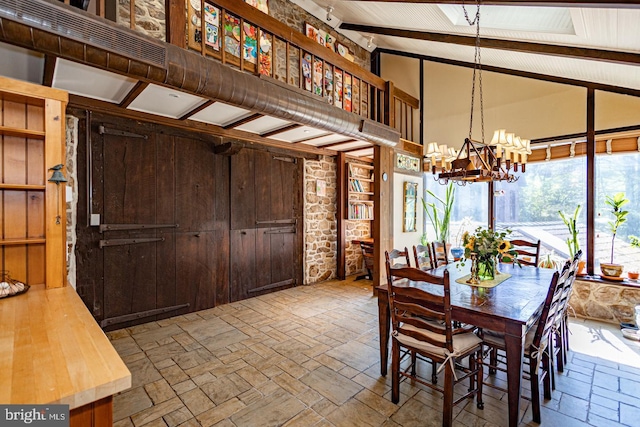 3111 Burnt House Hill Rd, Doylestown, PA 18902 - dining area featuring beam ceiling, high vaulted ceiling, a chandelier, and wooden walls