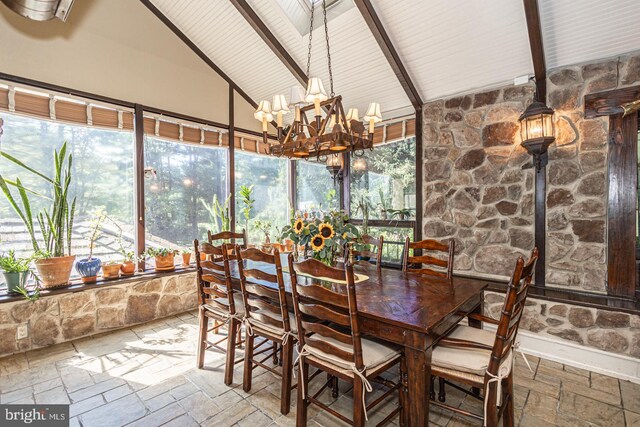 3111 Burnt House Hill Rd, Doylestown, PA 18902 - sunroom / solarium featuring an inviting chandelier, vaulted ceiling with beams, and a healthy amount of sunlight