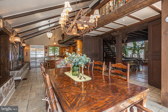 3111 Burnt House Hill Rd, Doylestown, PA 18902 - tiled dining space with an inviting chandelier and vaulted ceiling with beams