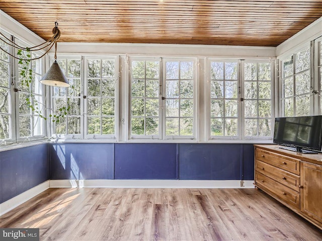 unfurnished sunroom featuring wooden ceiling and a healthy amount of sunlight