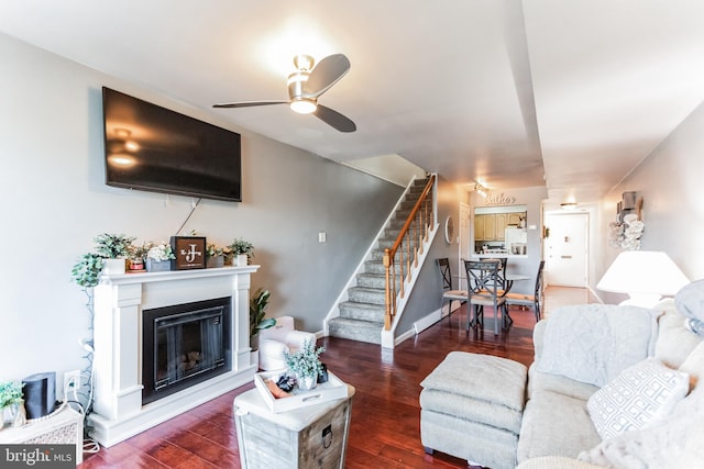 living room with ceiling fan and dark hardwood / wood-style floors