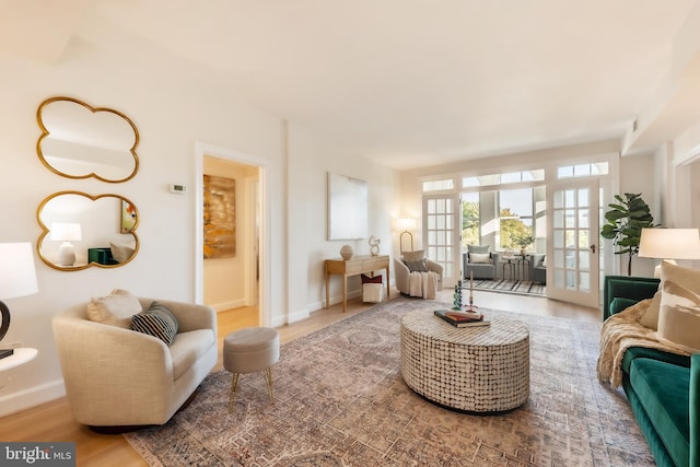 living room featuring french doors and hardwood / wood-style flooring