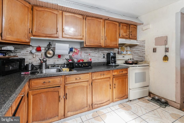 kitchen featuring light tile floors, tasteful backsplash, white electric range oven, and sink