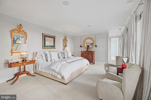 bedroom featuring light carpet and ornamental molding