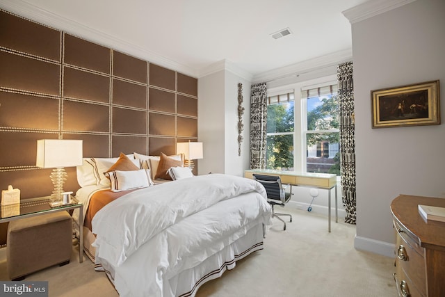 bedroom featuring light colored carpet and crown molding