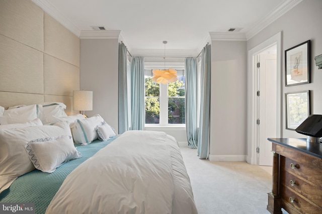 bedroom featuring crown molding and light colored carpet