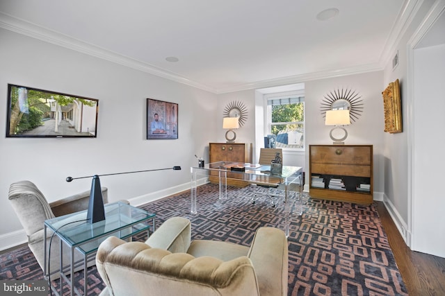 living room with crown molding and dark hardwood / wood-style flooring