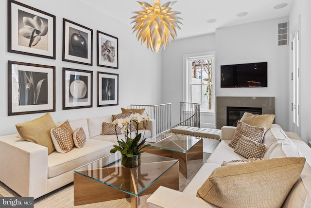 living room with a fireplace