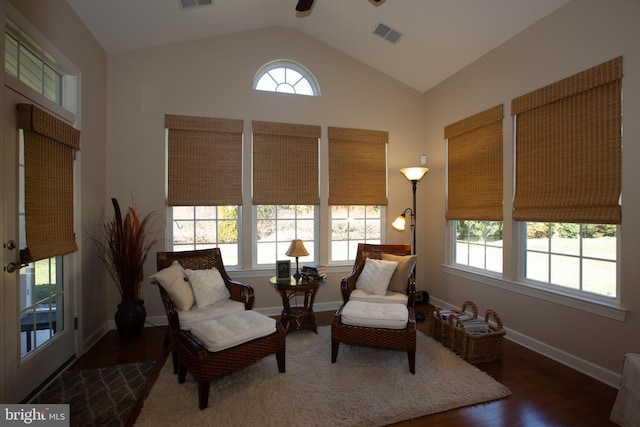 living area featuring a wealth of natural light, dark hardwood / wood-style floors, and vaulted ceiling