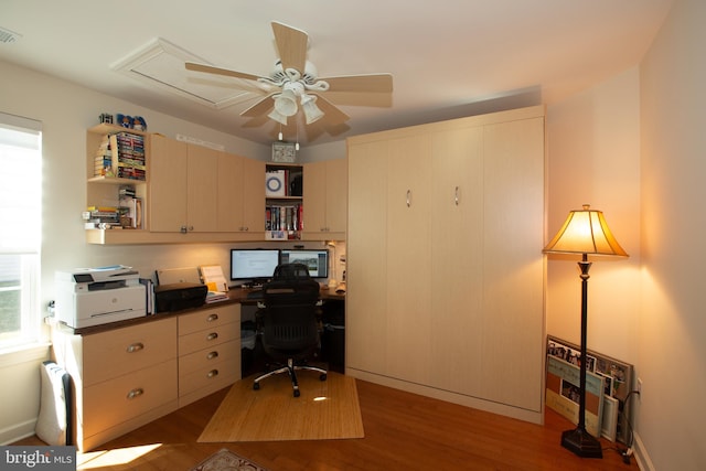 office area with ceiling fan and light hardwood / wood-style flooring