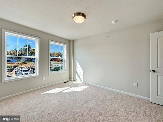 spare room with light carpet and a textured ceiling