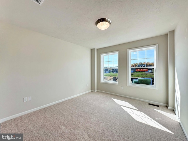 spare room featuring a textured ceiling and light colored carpet