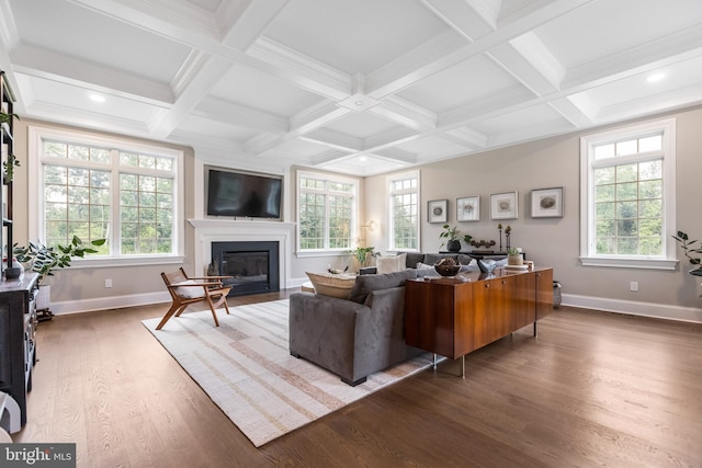 living room featuring dark hardwood / wood-style flooring, coffered ceiling, and beamed ceiling