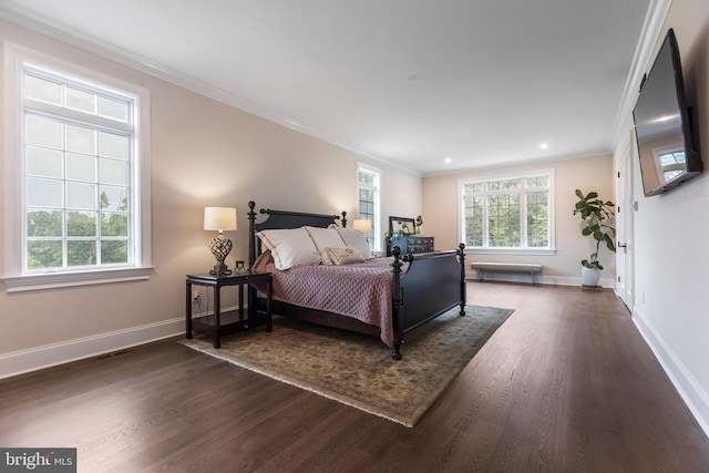 bedroom with multiple windows, dark wood-type flooring, and ornamental molding