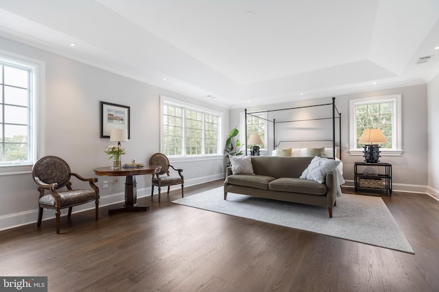 bedroom featuring dark hardwood / wood-style floors and a raised ceiling