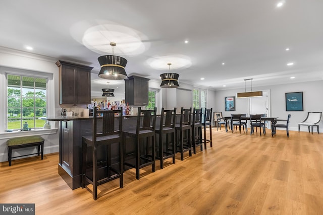 bar featuring hanging light fixtures, a healthy amount of sunlight, dark brown cabinets, and light wood-type flooring