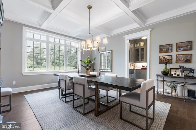 dining room featuring coffered ceiling, a notable chandelier, beamed ceiling, and dark hardwood / wood-style flooring