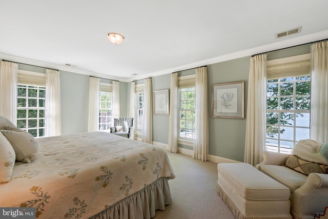 carpeted bedroom with crown molding and a water view