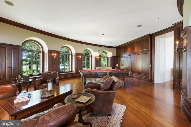 interior space with crown molding, dark hardwood / wood-style floors, and billiards