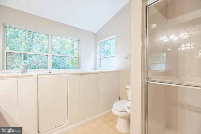 bathroom featuring vaulted ceiling, toilet, and a shower with door