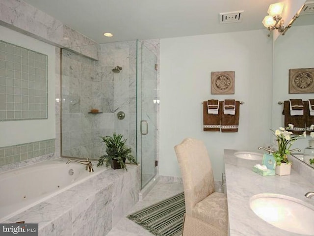 bathroom featuring an inviting chandelier, plus walk in shower, tile flooring, and double vanity