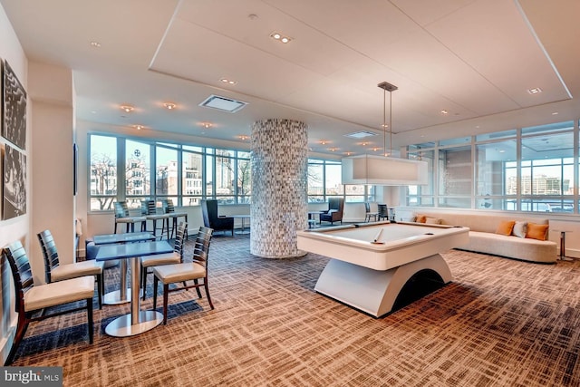 recreation room with pool table and carpet flooring