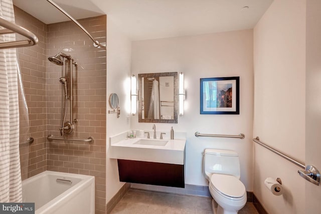 full bathroom featuring shower / bath combination with curtain, toilet, tile floors, and large vanity