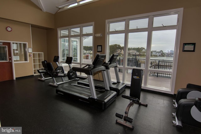 workout area with a towering ceiling