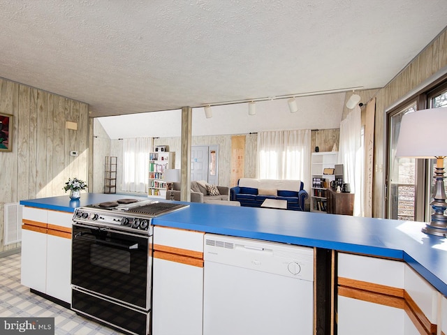 kitchen with visible vents, white dishwasher, wood walls, and stainless steel electric stove