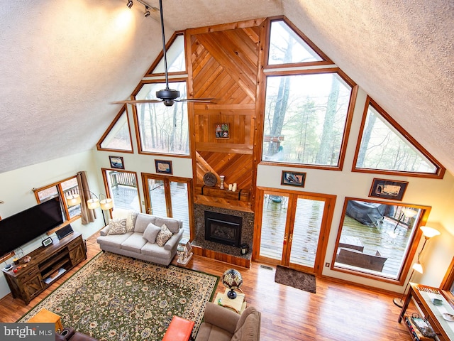 living area featuring a textured ceiling, track lighting, wood finished floors, and a glass covered fireplace