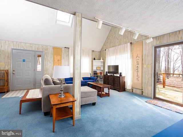 carpeted living room featuring rail lighting, vaulted ceiling, and a textured ceiling