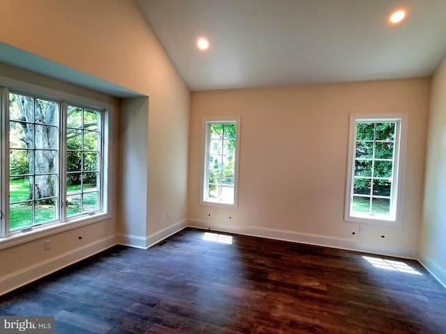 empty room featuring dark hardwood / wood-style flooring and lofted ceiling