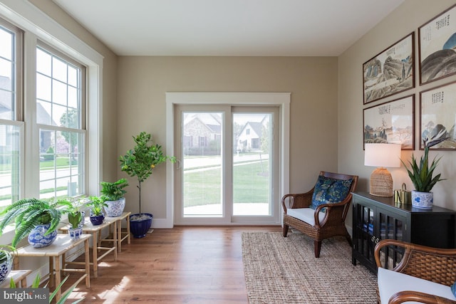 living area with light hardwood / wood-style floors