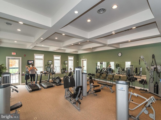 gym with coffered ceiling and carpet