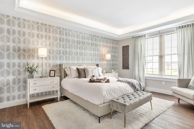 bedroom featuring a raised ceiling and dark wood-type flooring