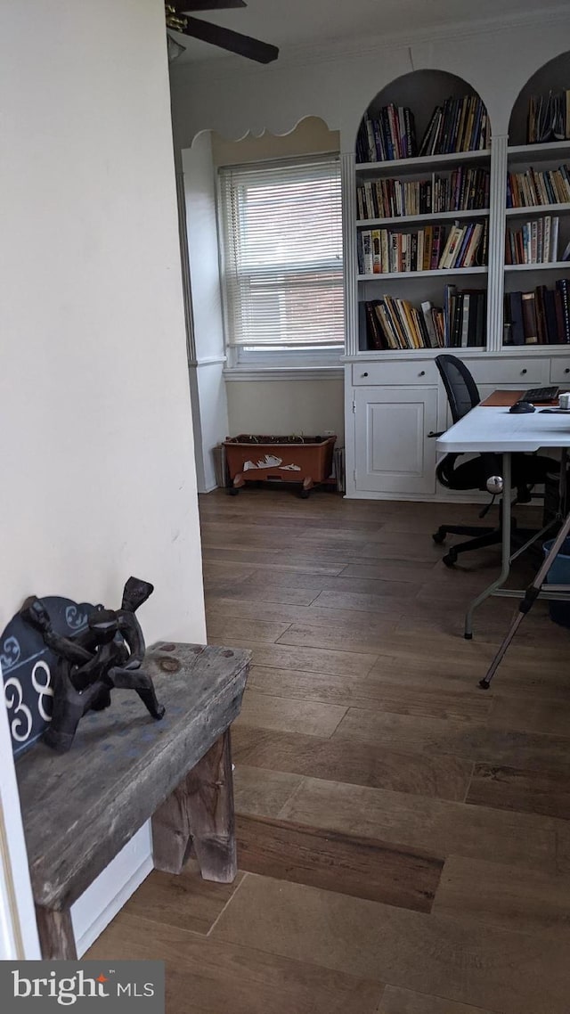 home office with hardwood / wood-style floors and ceiling fan