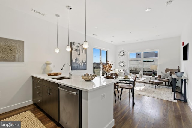 kitchen with stainless steel dishwasher, hanging light fixtures, sink, dark brown cabinetry, and dark hardwood / wood-style floors