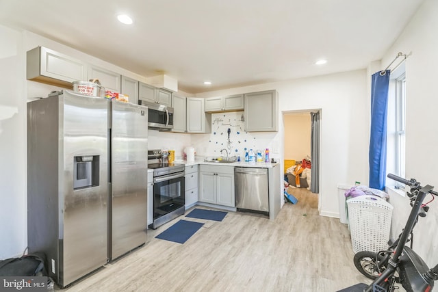 kitchen featuring gray cabinetry, appliances with stainless steel finishes, sink, backsplash, and light hardwood / wood-style floors