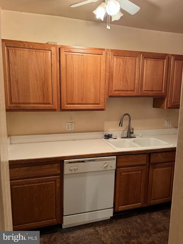 kitchen with dishwasher, ceiling fan, and sink