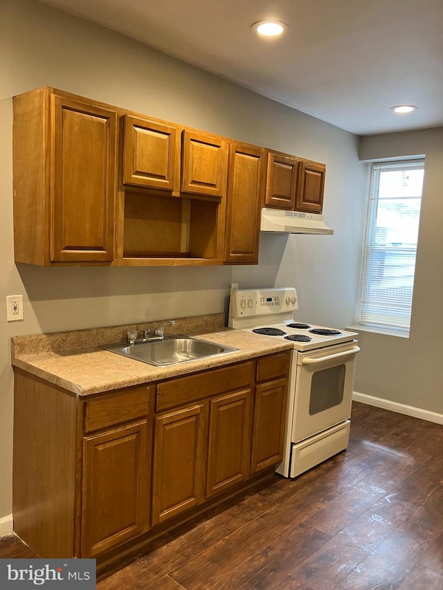 kitchen featuring sink, dark wood-type flooring, and electric stove