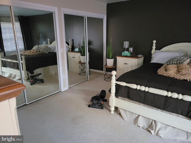 carpeted bedroom with two closets