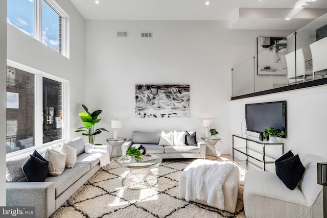 living room with a high ceiling