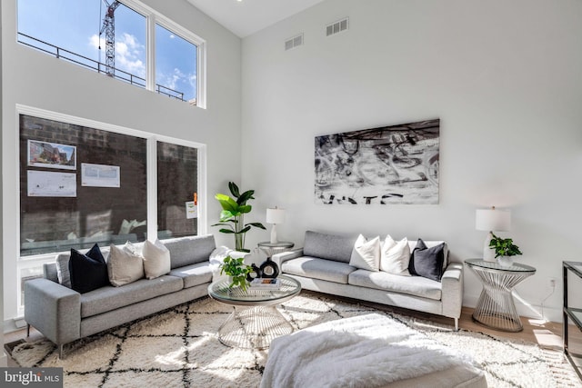 living room featuring light hardwood / wood-style floors and a towering ceiling