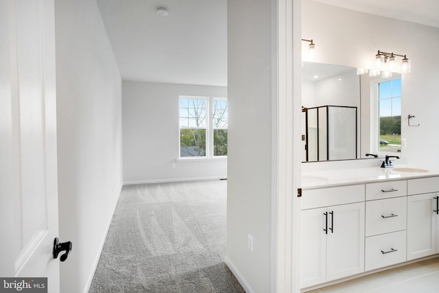 bathroom with double vanity, baseboards, a sink, and a shower with shower door